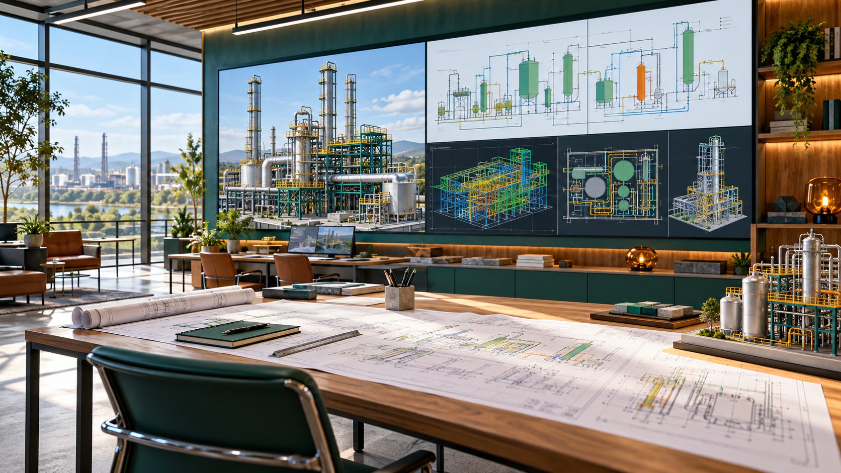 Industrial engineering design studio with plant drawings
