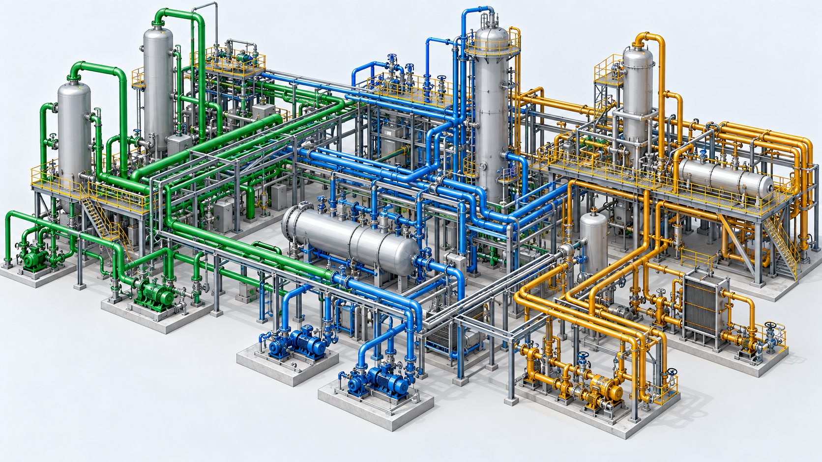 Colorful coordinated process piping and equipment layout