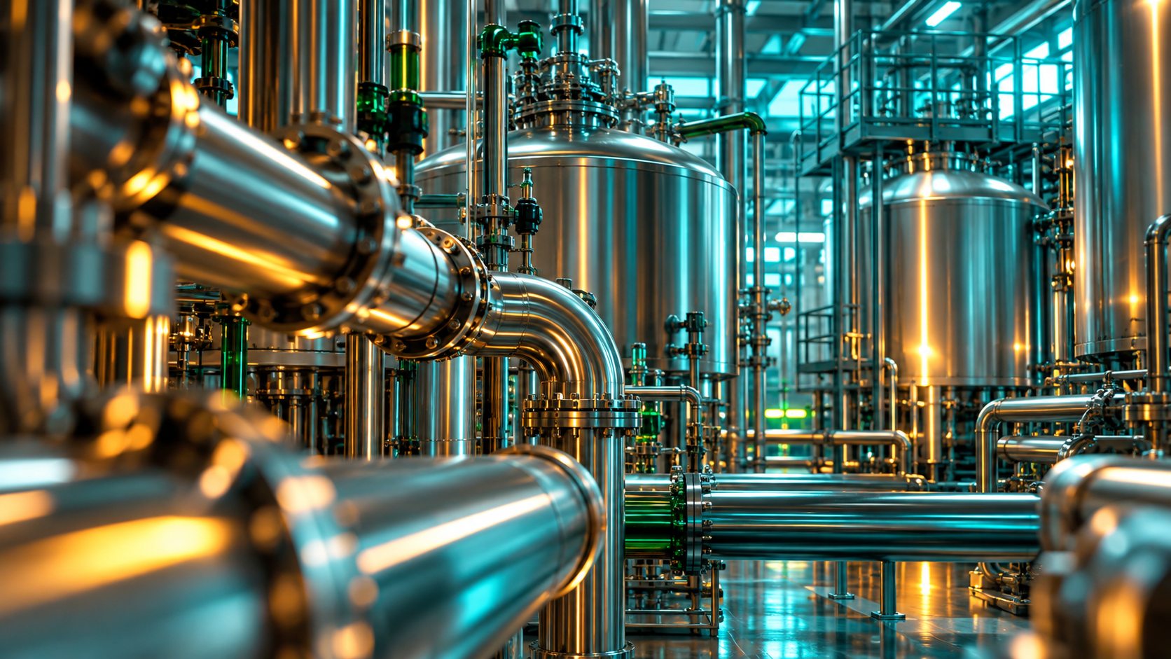 Colorful industrial process equipment with amber lighting