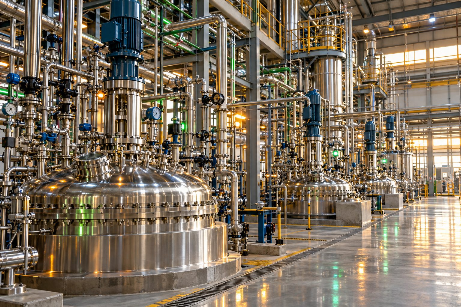 Specialty chemicals process facility with stainless reactors and pipework