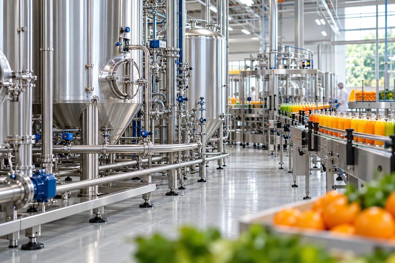 Food and beverage processing line with stainless vessels and colorful drinks