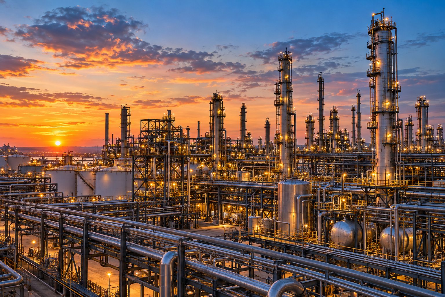 Petrochemical refinery columns and pipe racks at sunset