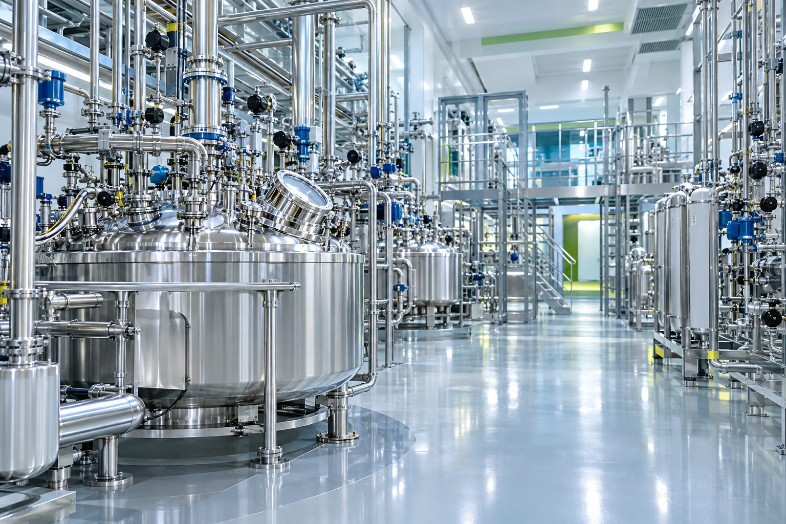 Bright pharmaceutical production facility with hygienic stainless equipment
