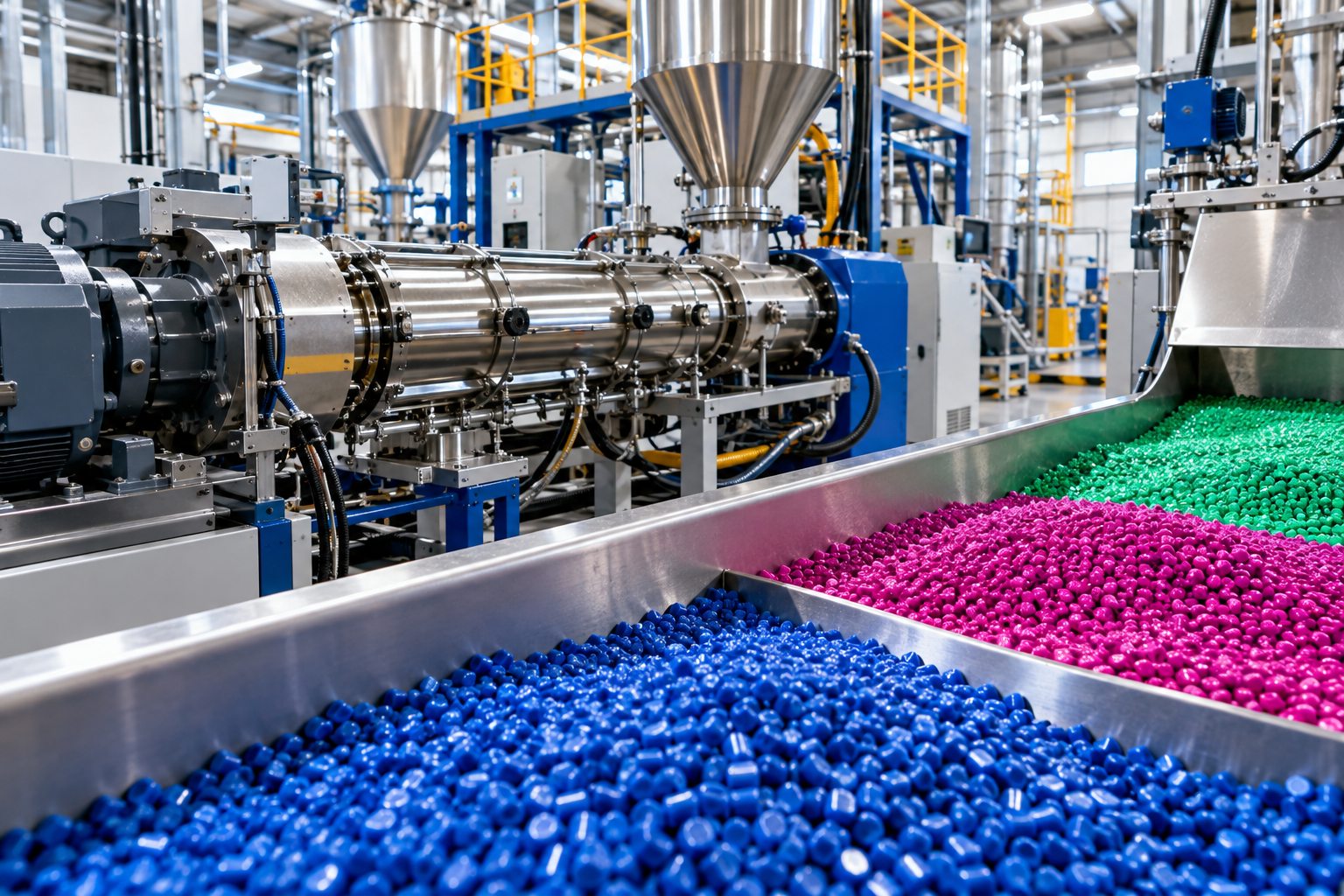 Polymer extrusion line with vivid colored materials