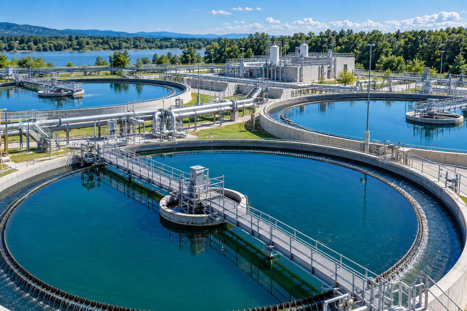 Water treatment plant with circular basins and clear blue water